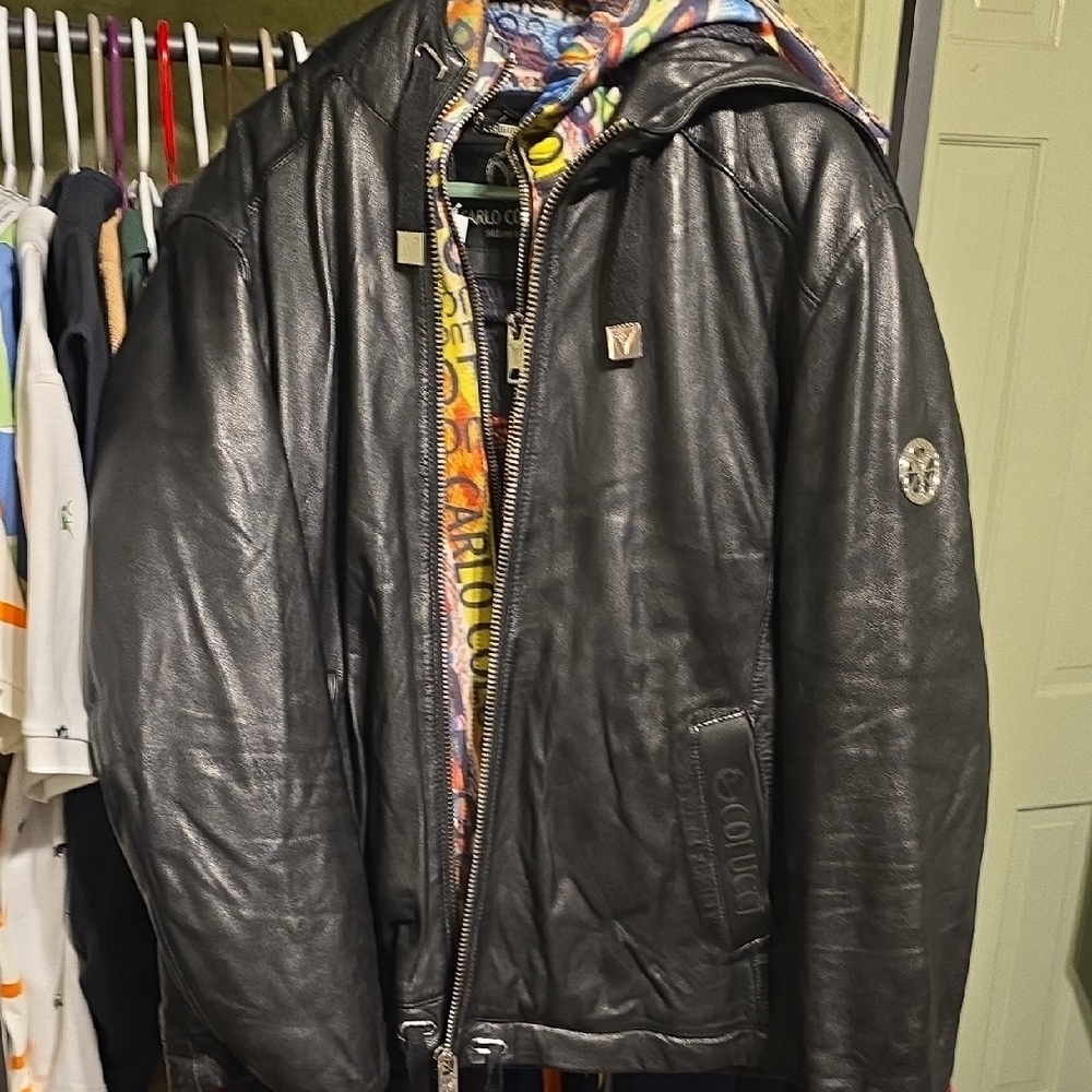 Carlo Colucci Black Leather Bomber Jacket with Colorful Accents
